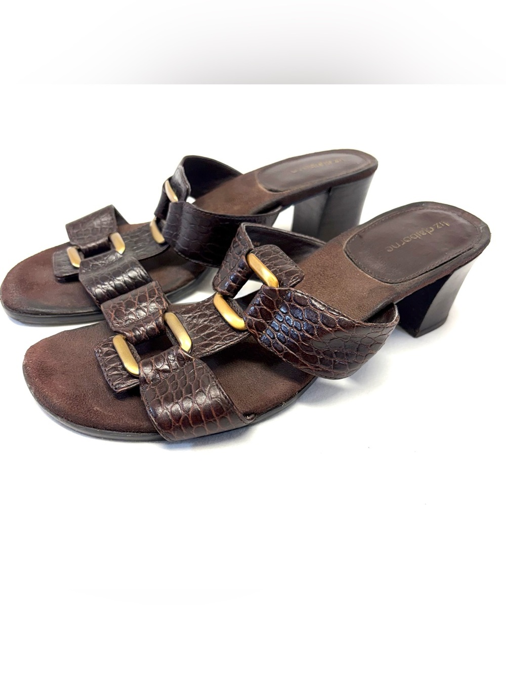 Vintage Liz Claiborne Brown Croc Embossed Block Heel Mule Sandals Size 9.5